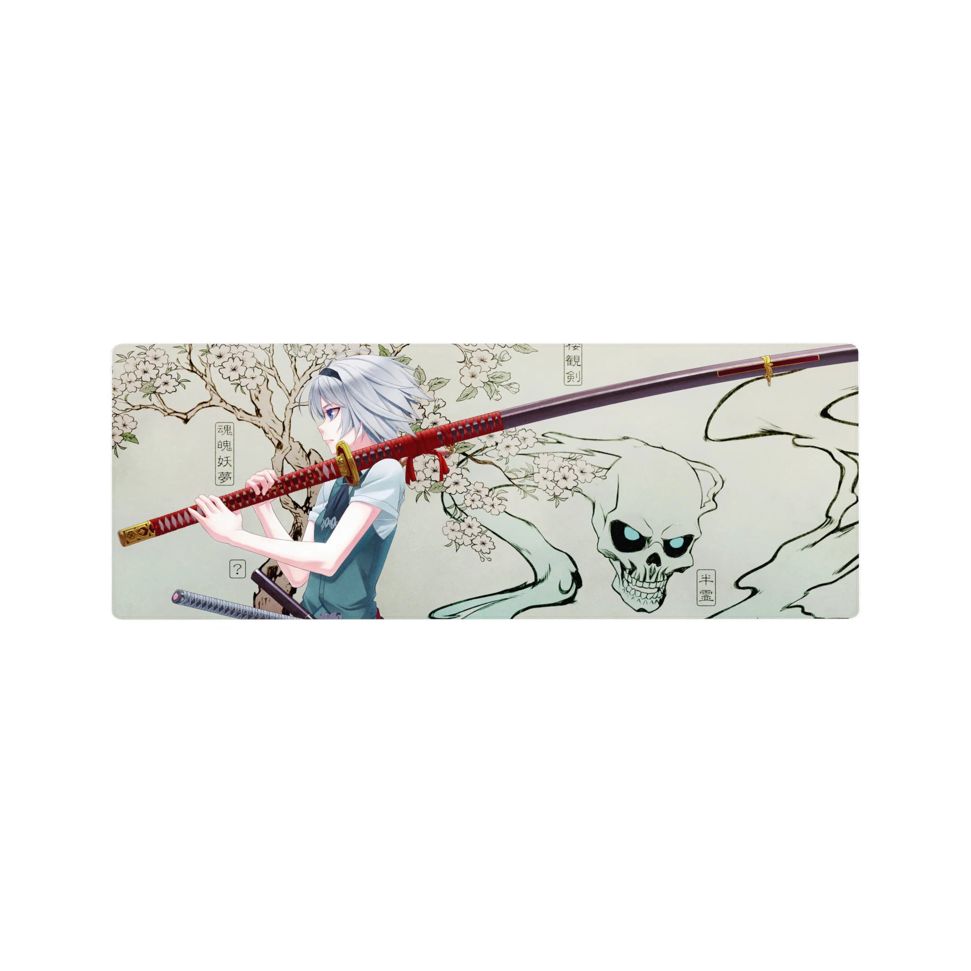 32x12 inches anime girl mouse pad with silver-haired swordswoman, cherry blossoms, skull spirit, red katana.