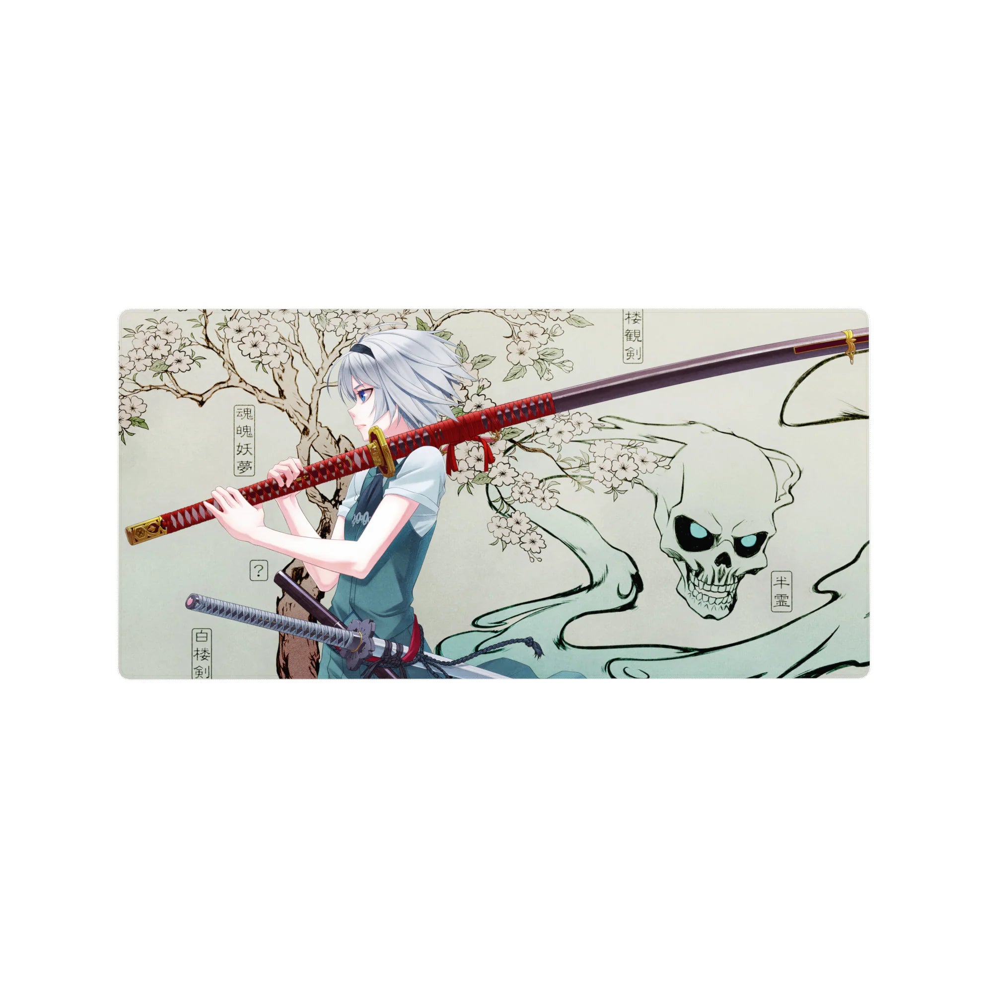 Anime girl mouse pad 32x16 inches with silver-haired swordswoman, cherry blossoms, and skull spirit ink art.