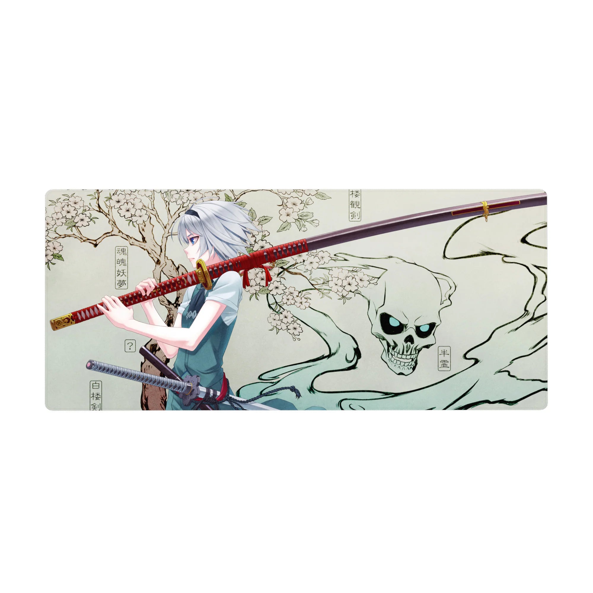 Anime girl desk pad 36x16 inches with silver-haired swordswoman, cherry blossoms, and skull spirit ink art.