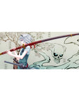 Anime girl desk pad 36x16 inches with silver-haired swordswoman, cherry blossoms, and skull spirit ink art.
