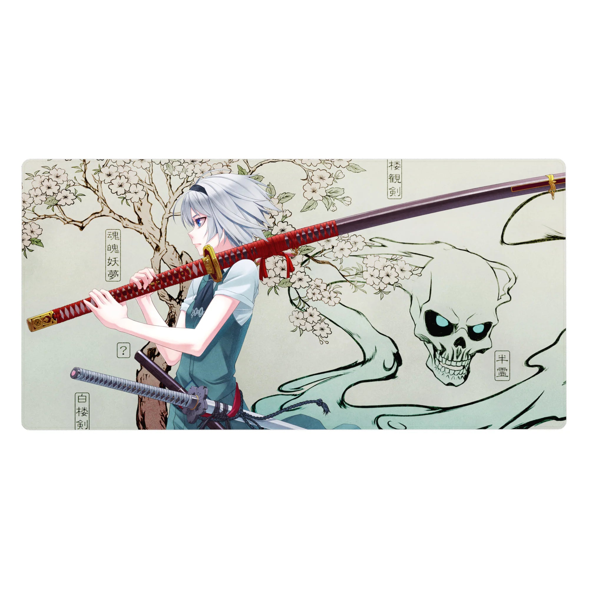 Anime girl desk pad 40x20 inches with silver-haired swordswoman, red-wrapped katana, cherry blossoms, skull spirit.