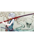 Anime girl desk pad 40x20 inches with silver-haired swordswoman, red-wrapped katana, cherry blossoms, skull spirit.