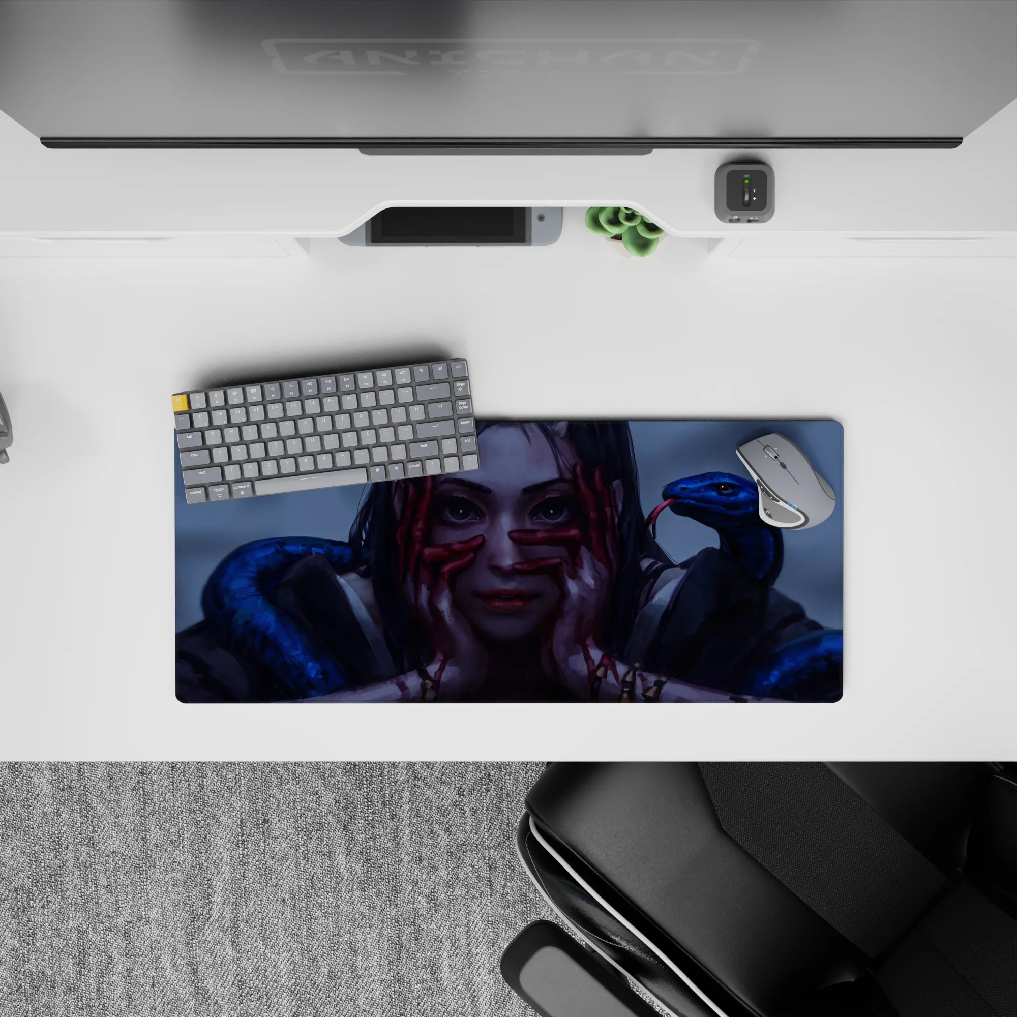 Moody stormy gray-blue anime desk mat with glossy cobalt scales and creepy-cute vibe, 28x12 inches.