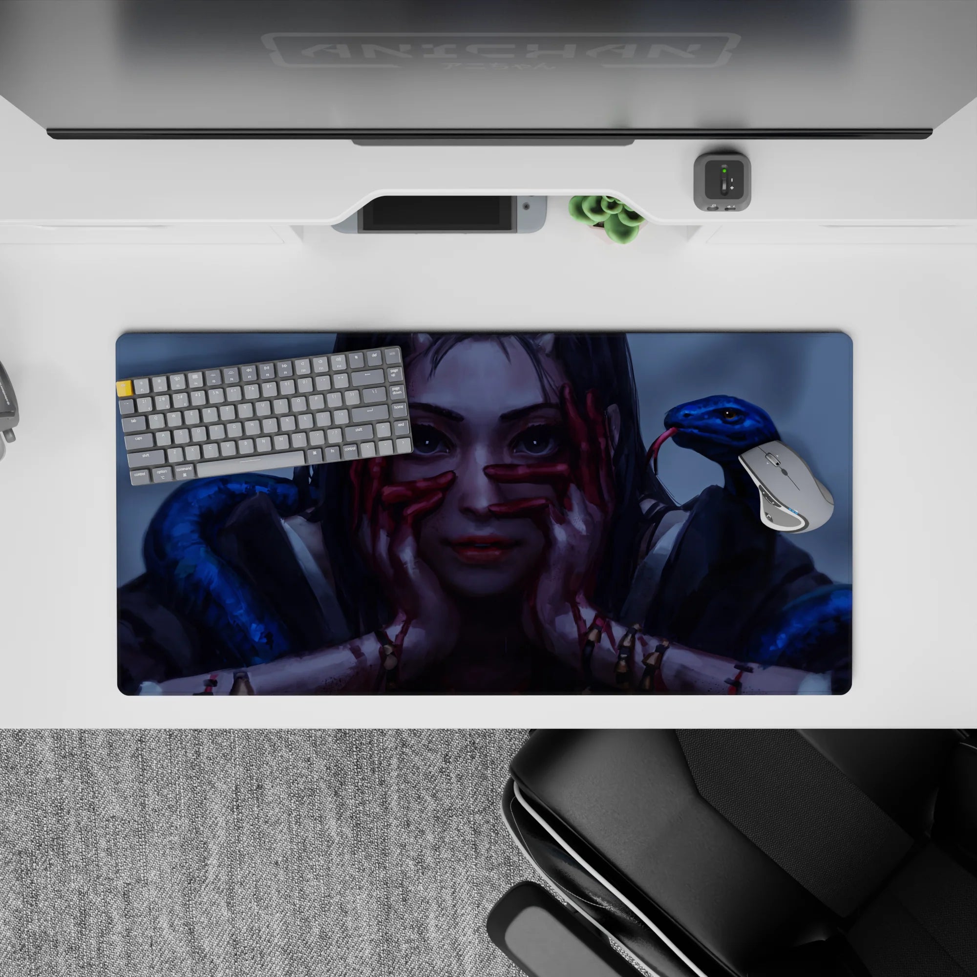 Moody gray-blue anime girl mouse pad 32x16 inches with stormy lighting, glossy blue snakes, and crimson.