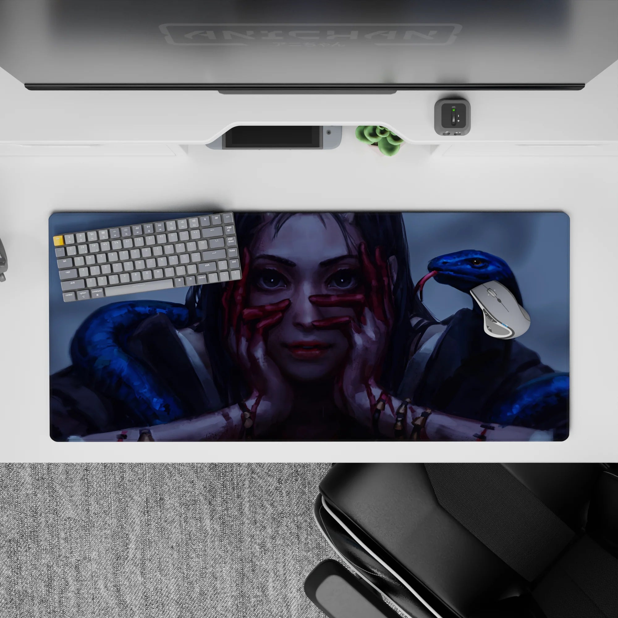 Moody gray-blue anime desk pad 36x16 inches with cobalt snakes, gold accents, and creepy-cute vibe.