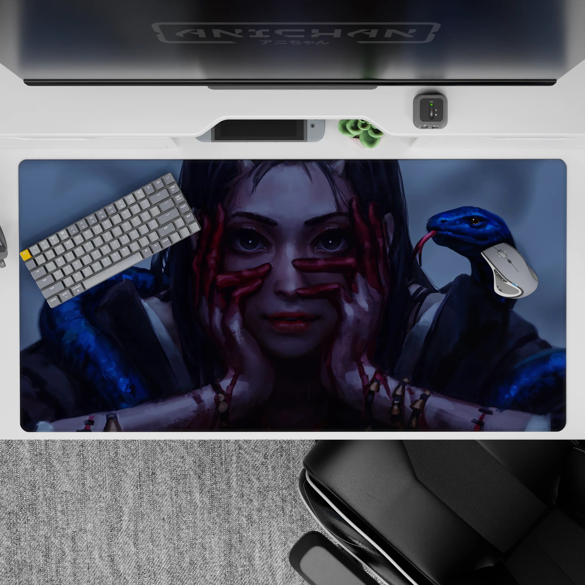 Moody gray-blue lighting with crimson streaks and glossy cobalt scales desk pad, 40x20 inches.