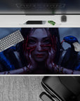Moody gray-blue lighting with crimson streaks and glossy cobalt scales desk pad, 40x20 inches.