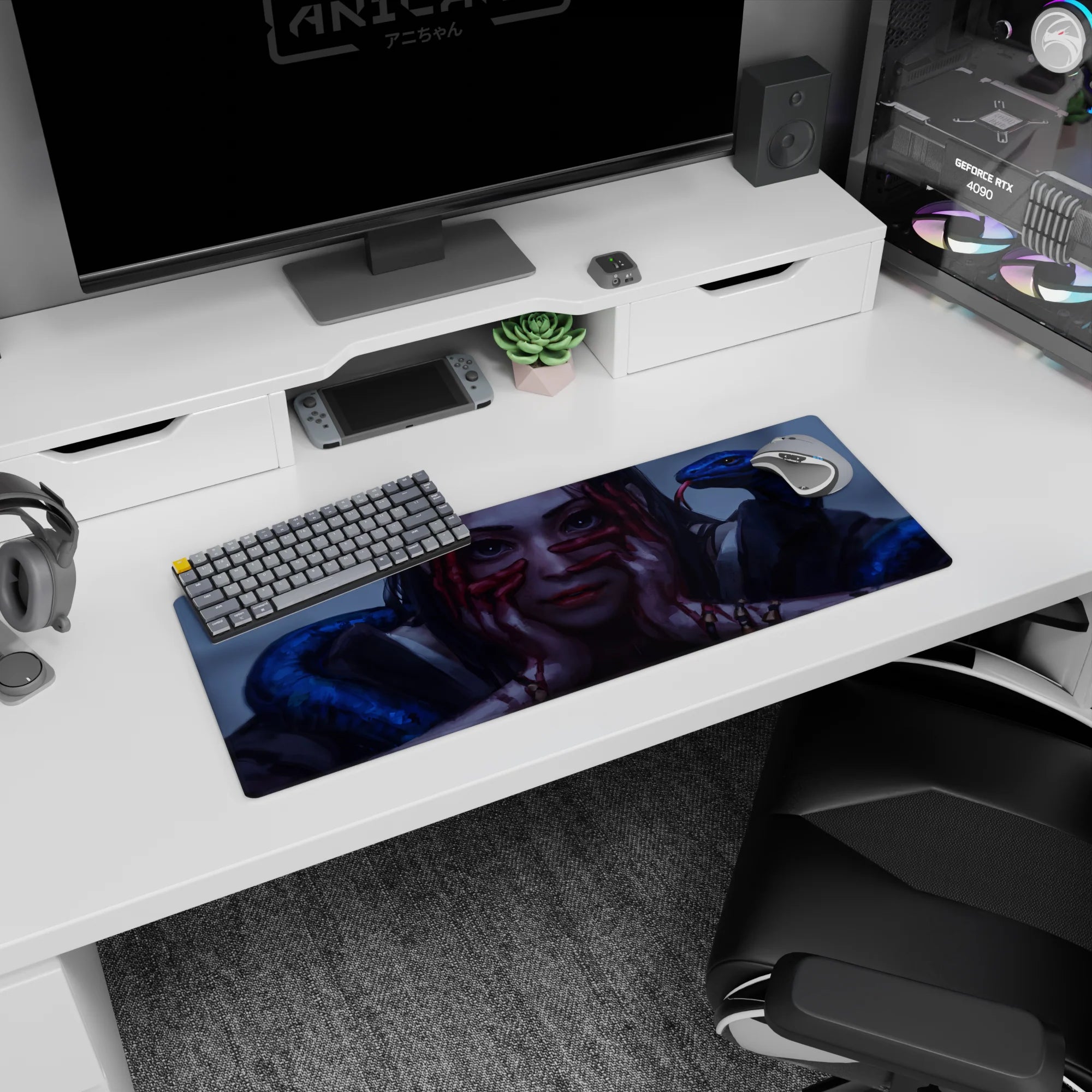Staring anime girl with crimson-painted hands flanked by cobalt snakes mouse pad 32x12 inches.
