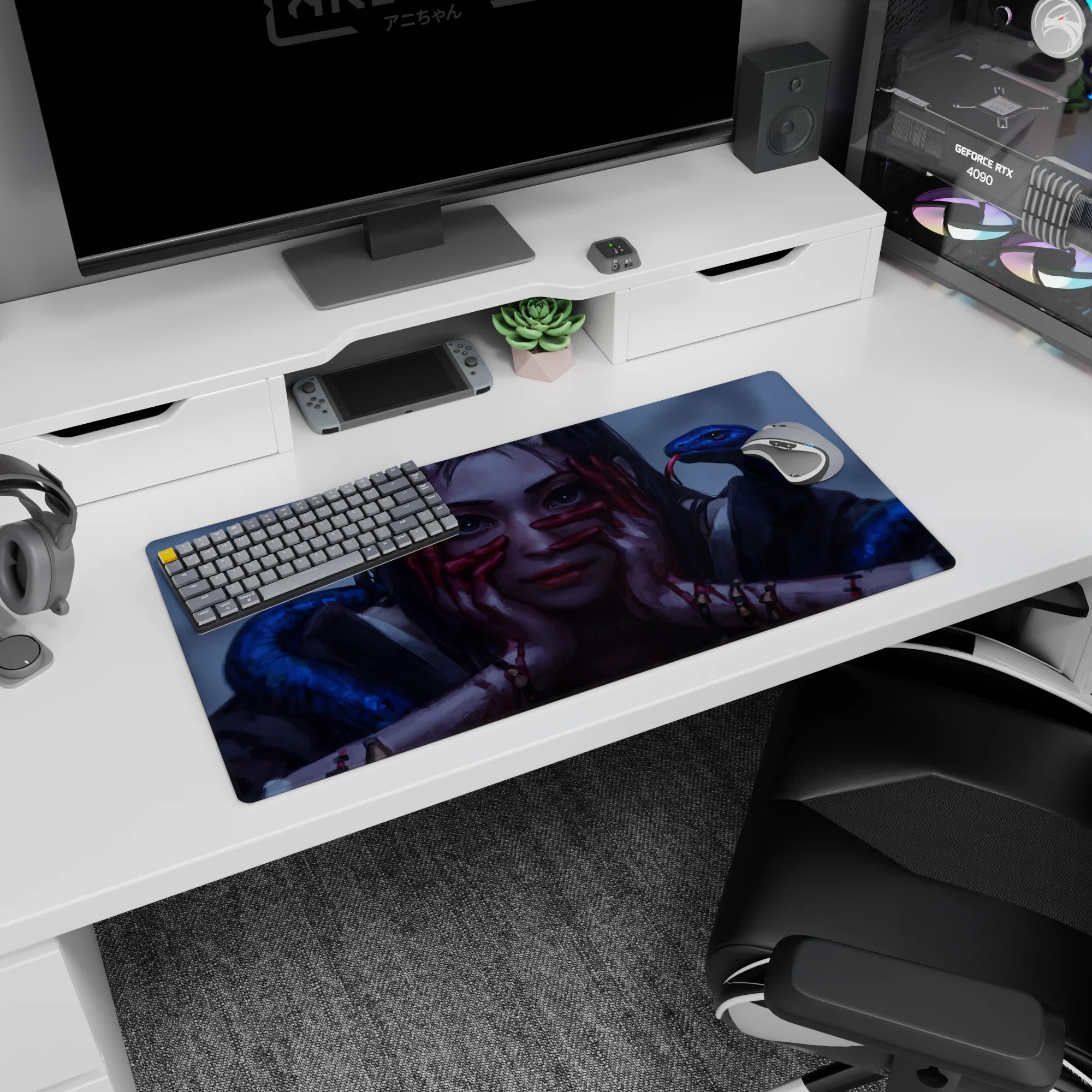 Anime girl staring forward on mouse pad 32x16 inches, hands marked in red, snakes curling in from both sides.