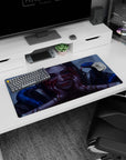 Anime girl staring forward on mouse pad 32x16 inches, hands marked in red, snakes curling in from both sides.