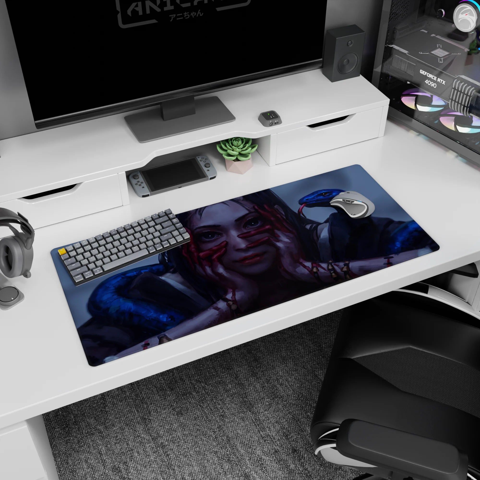 Anime girl stares forward on desk pad 36x16 inches, hands marked in red as blue snakes coil in.