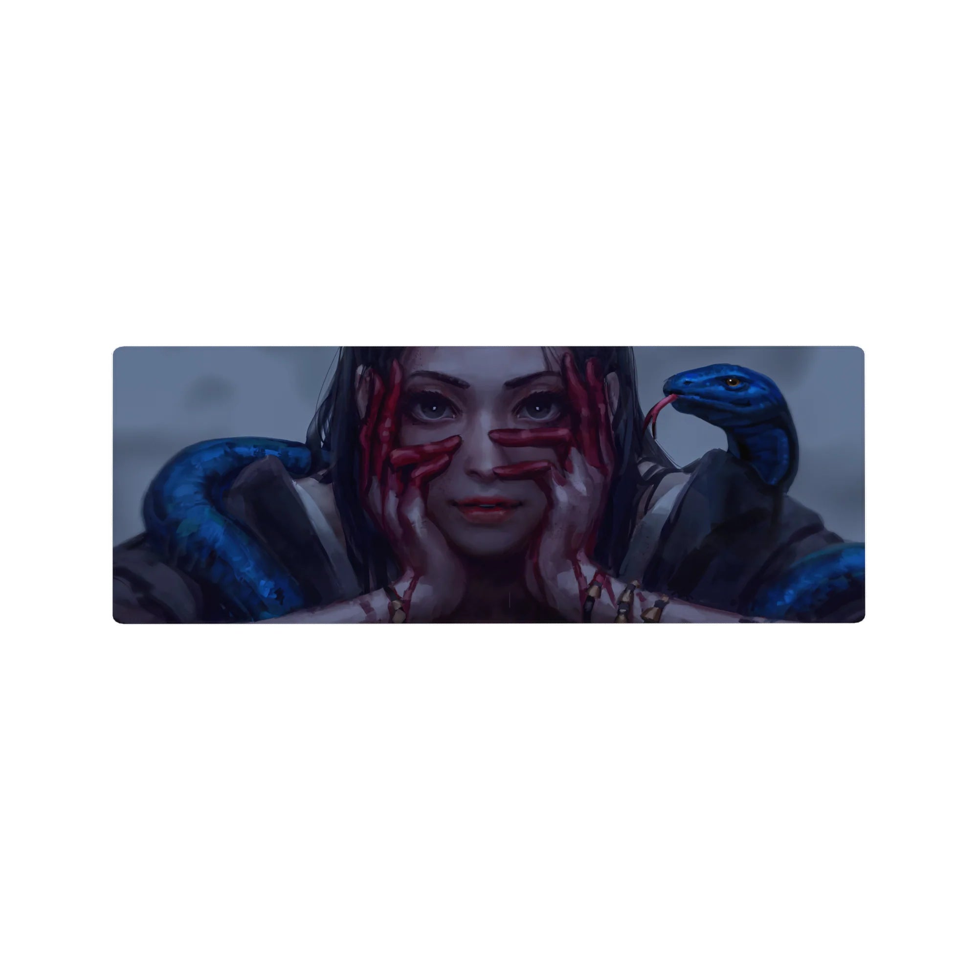 Dark fantasy anime girl mouse pad 32x12 inches with cobalt snakes, gold accents, and scale texture.