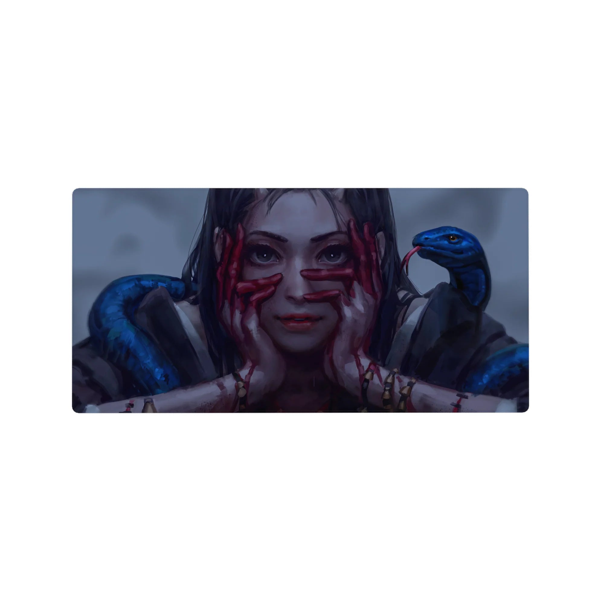 Dark fantasy anime girl mouse pad 32x16 inches with cobalt snakes, crimson hands, and gold accents.