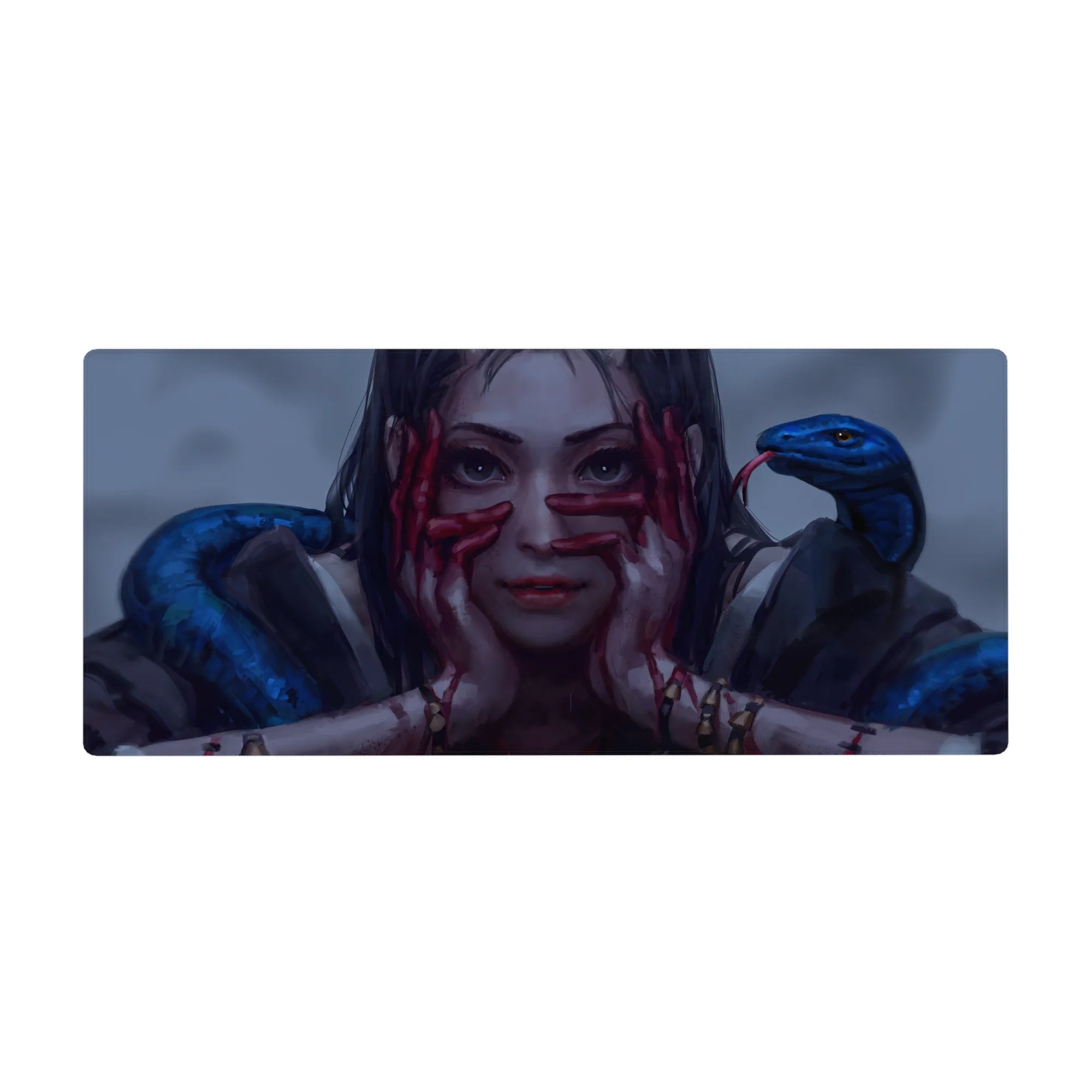 Anime girl desk pad 36x16 inches with crimson-streaked hands and glossy blue snakes, dark fantasy art.