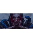 Anime girl desk pad 36x16 inches with crimson-streaked hands and glossy blue snakes, dark fantasy art.