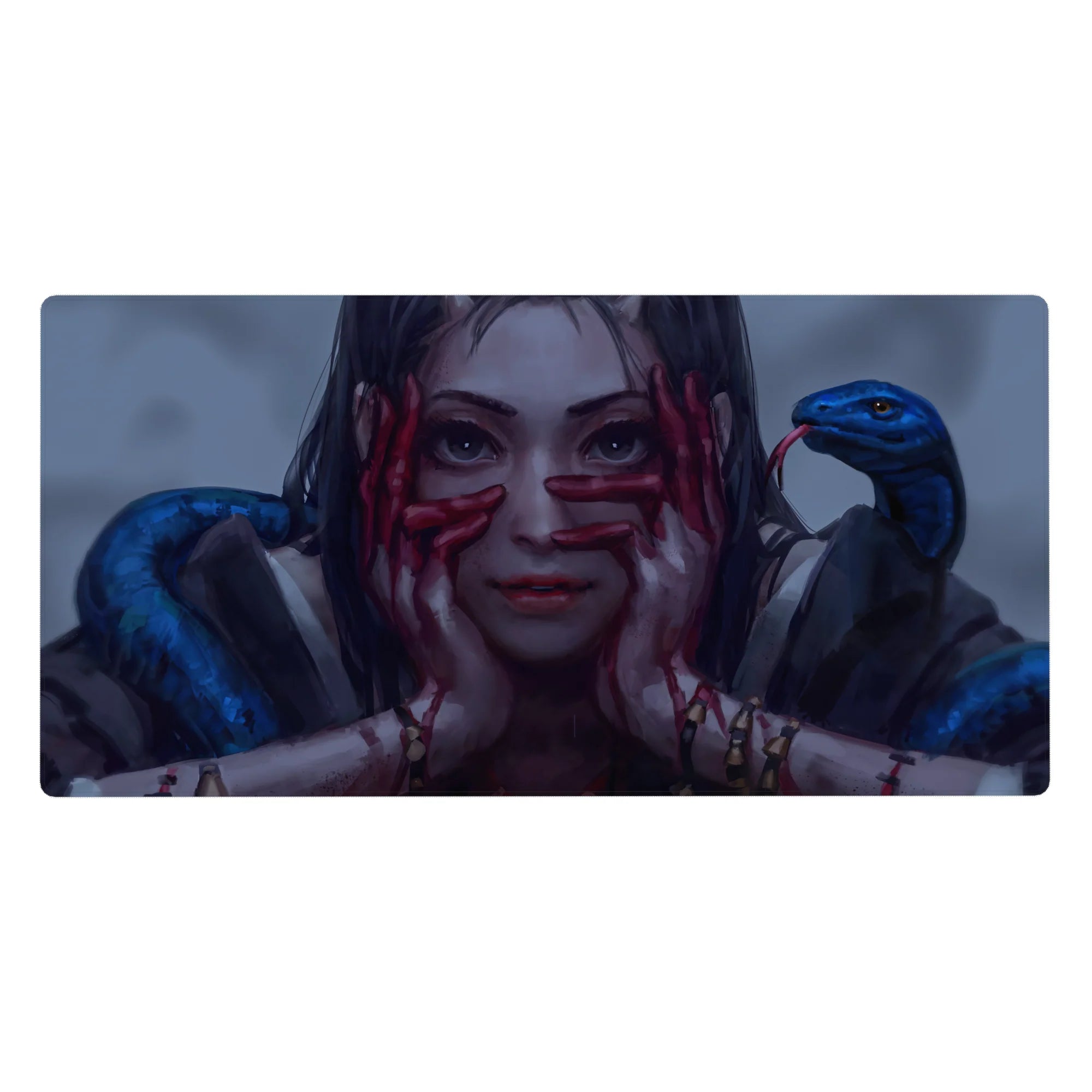 Dark fantasy anime girl desk pad with cobalt snakes and gold accents, 40x20 inches.