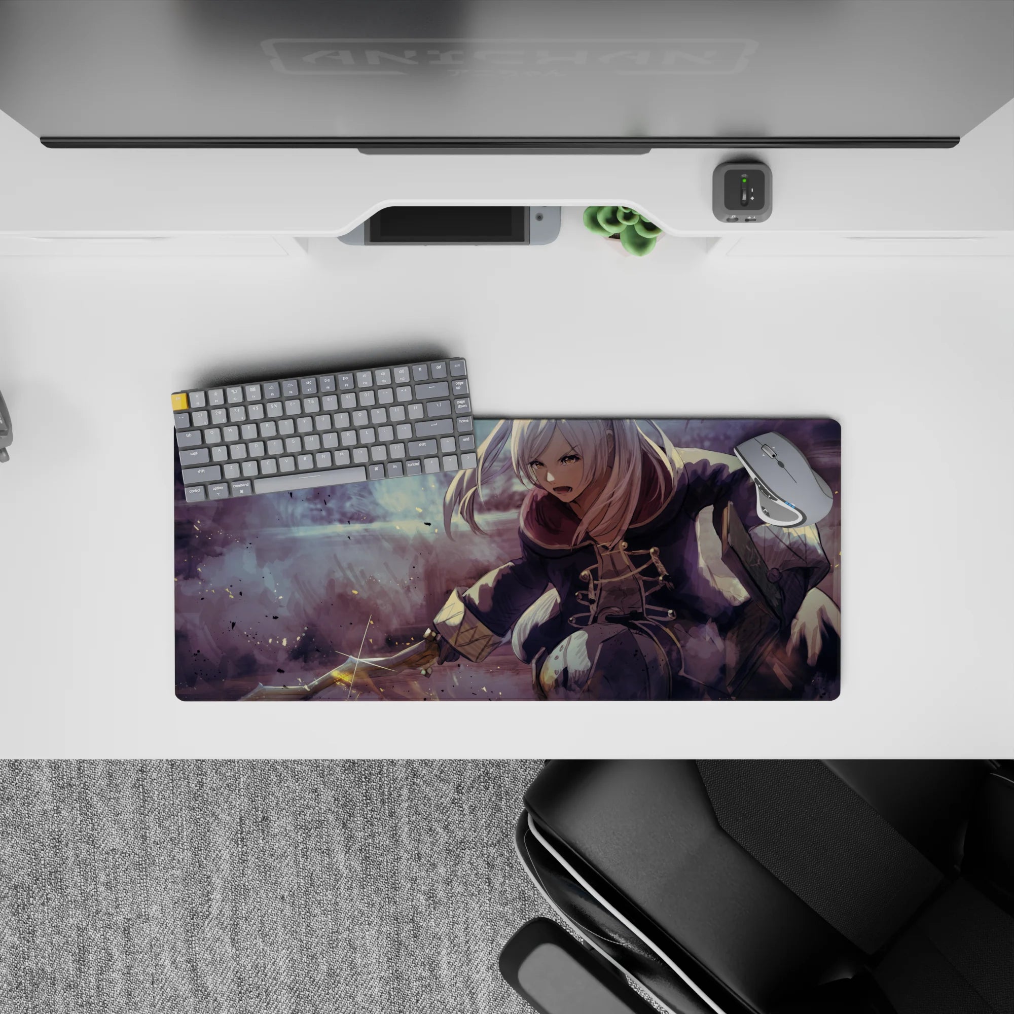 28x12 inches anime girl mouse pad in smoky mauve fog with soft purples, dusty grays, and ink speck streaks.