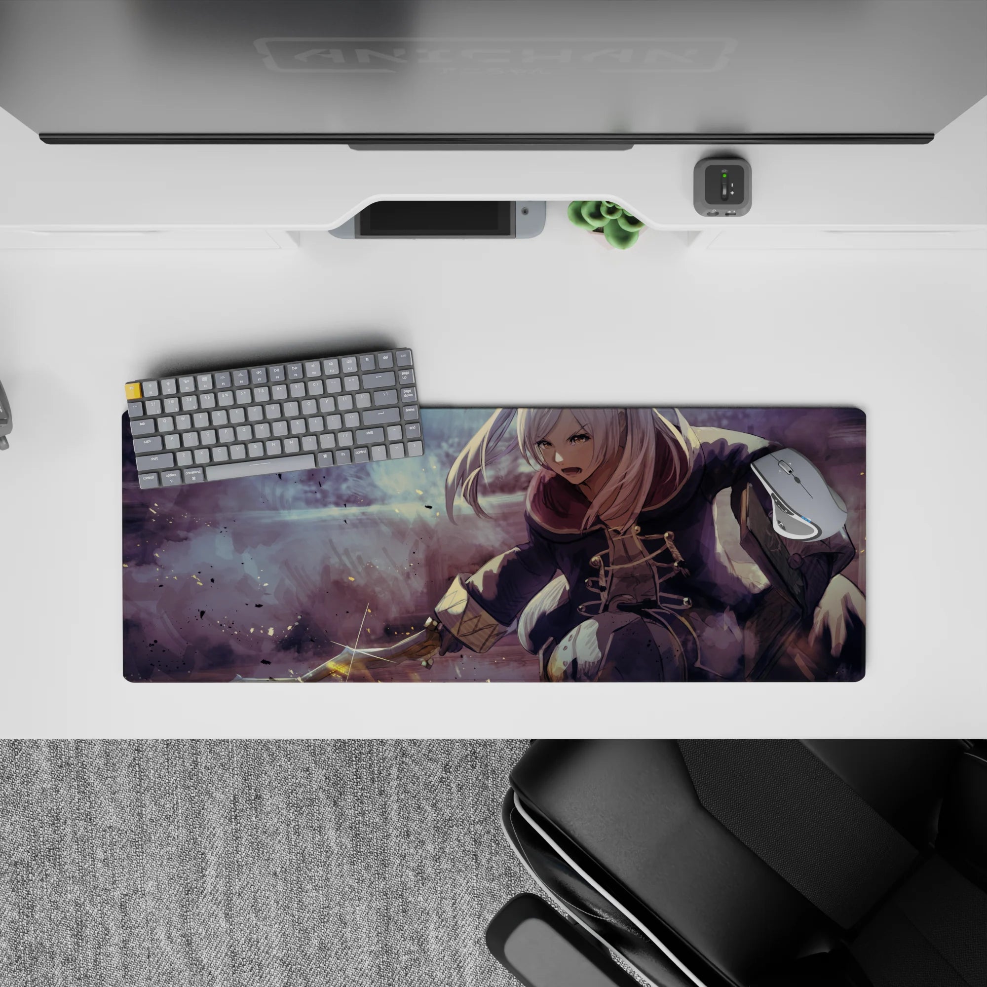 Purple and dusty gray anime girl mouse pad 32x12 inches with moody mauve haze, ink specks, motion streaks.