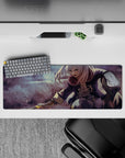 Purple and dusty gray anime girl mouse pad 32x12 inches with moody mauve haze, ink specks, motion streaks.