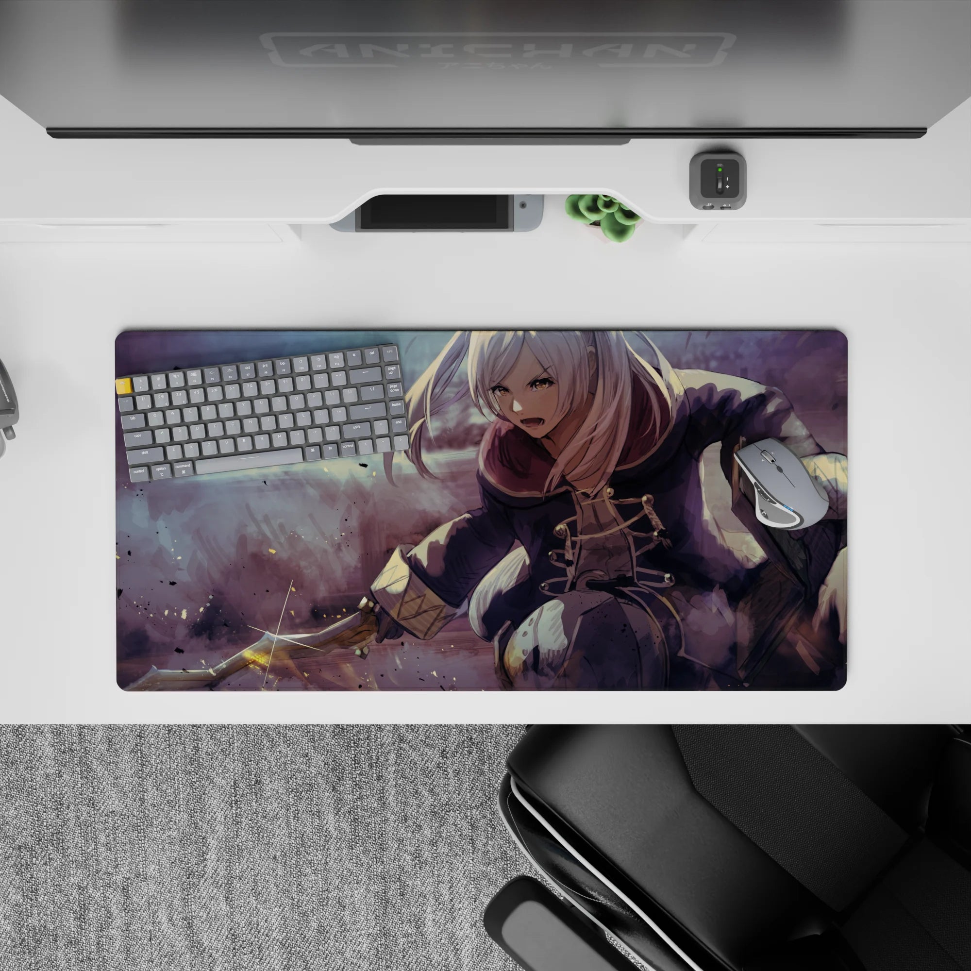 Anime girl mouse pad 32x16 inches in smoky mauve fog, soft purples and dusty grays with ink specks.
