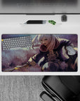 Anime girl mouse pad 32x16 inches in smoky mauve fog, soft purples and dusty grays with ink specks.