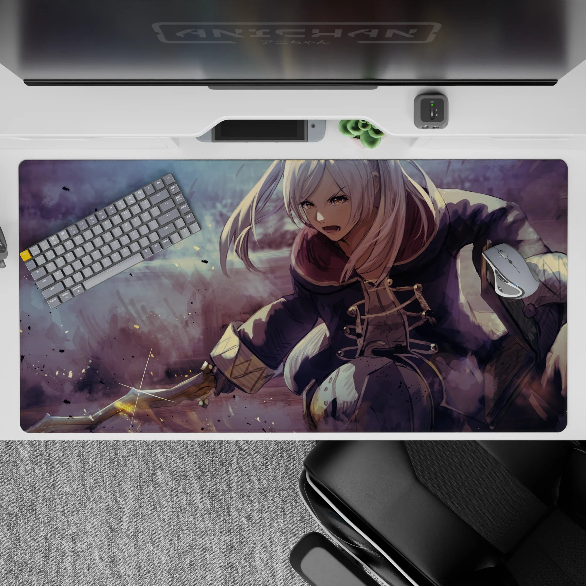 Purple-gray anime desk pad 40x20 inches with mauve haze, ink specks, and fast motion streaks.