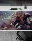 Purple-gray anime desk pad 40x20 inches with mauve haze, ink specks, and fast motion streaks.