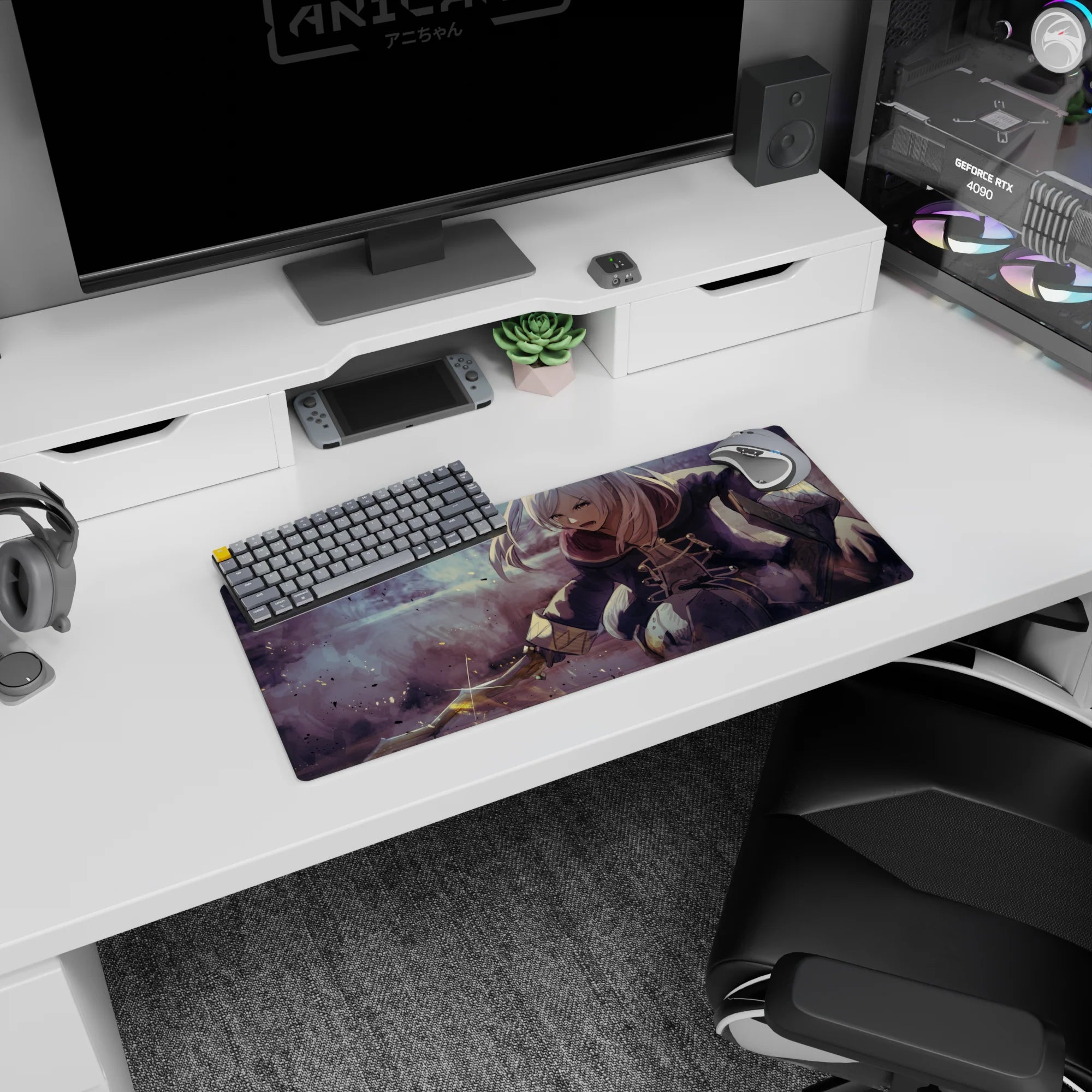 28x12 inches anime girl mouse pad showing a fierce silver-haired swordswoman sliding through fog, starburst slash.