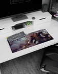 28x12 inches anime girl mouse pad showing a fierce silver-haired swordswoman sliding through fog, starburst slash.