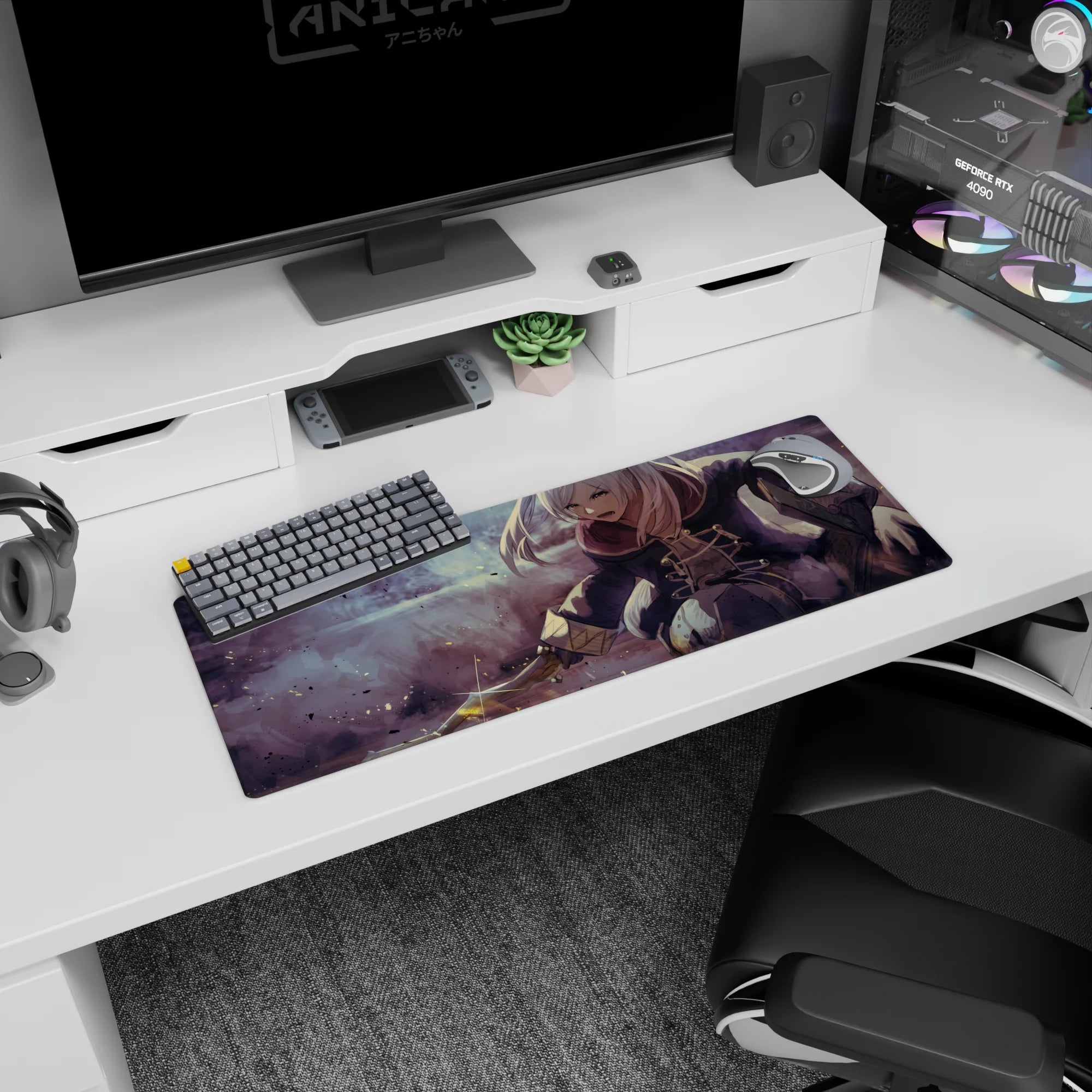 Silver-haired swordswoman sliding through mauve smoke, starburst blade, anime girl mouse pad 32x12 inches.