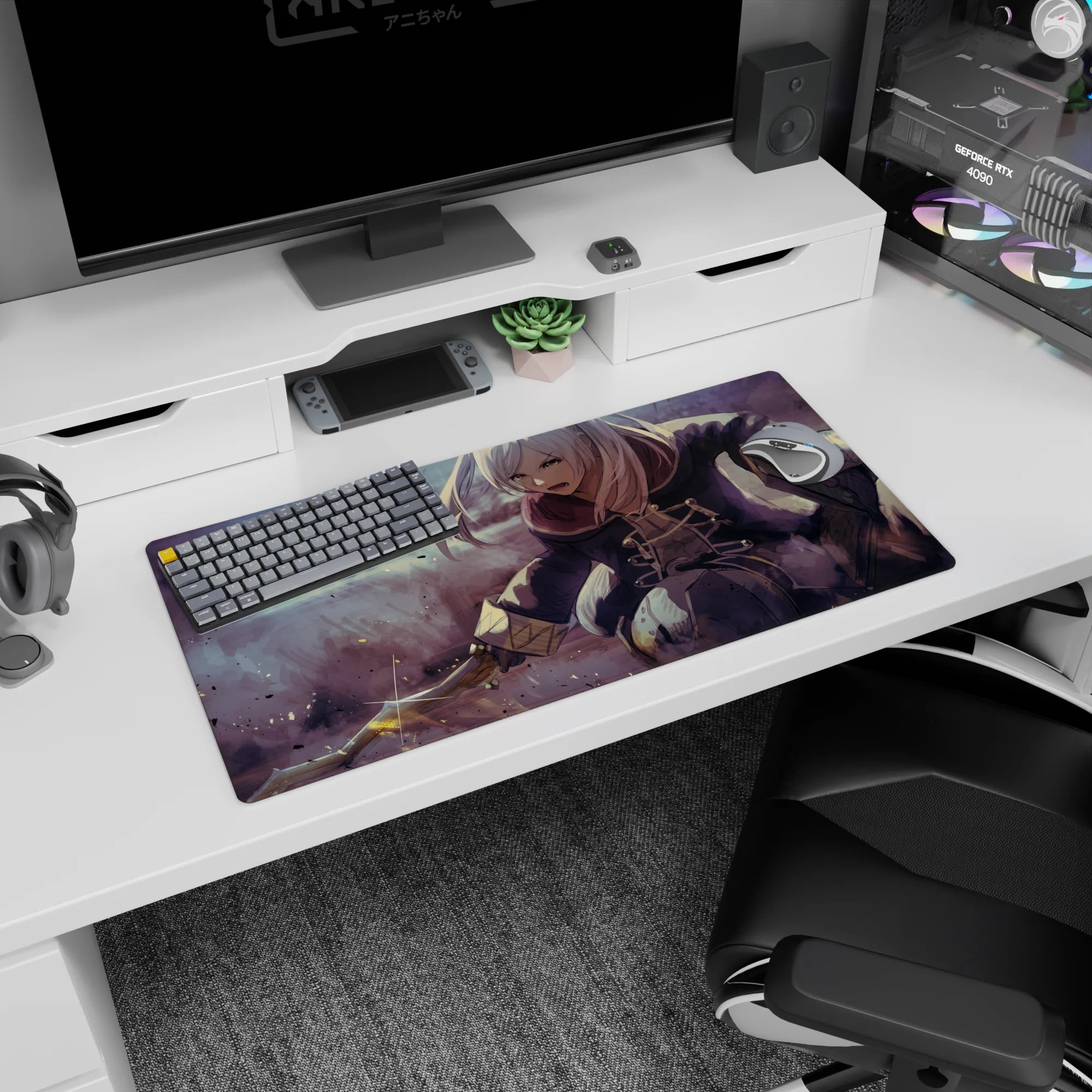 Anime girl mouse pad 32x16 inches showing silver-haired swordswoman sliding through haze, fierce shout and spark.