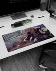 Anime girl mouse pad 32x16 inches showing silver-haired swordswoman sliding through haze, fierce shout and spark.