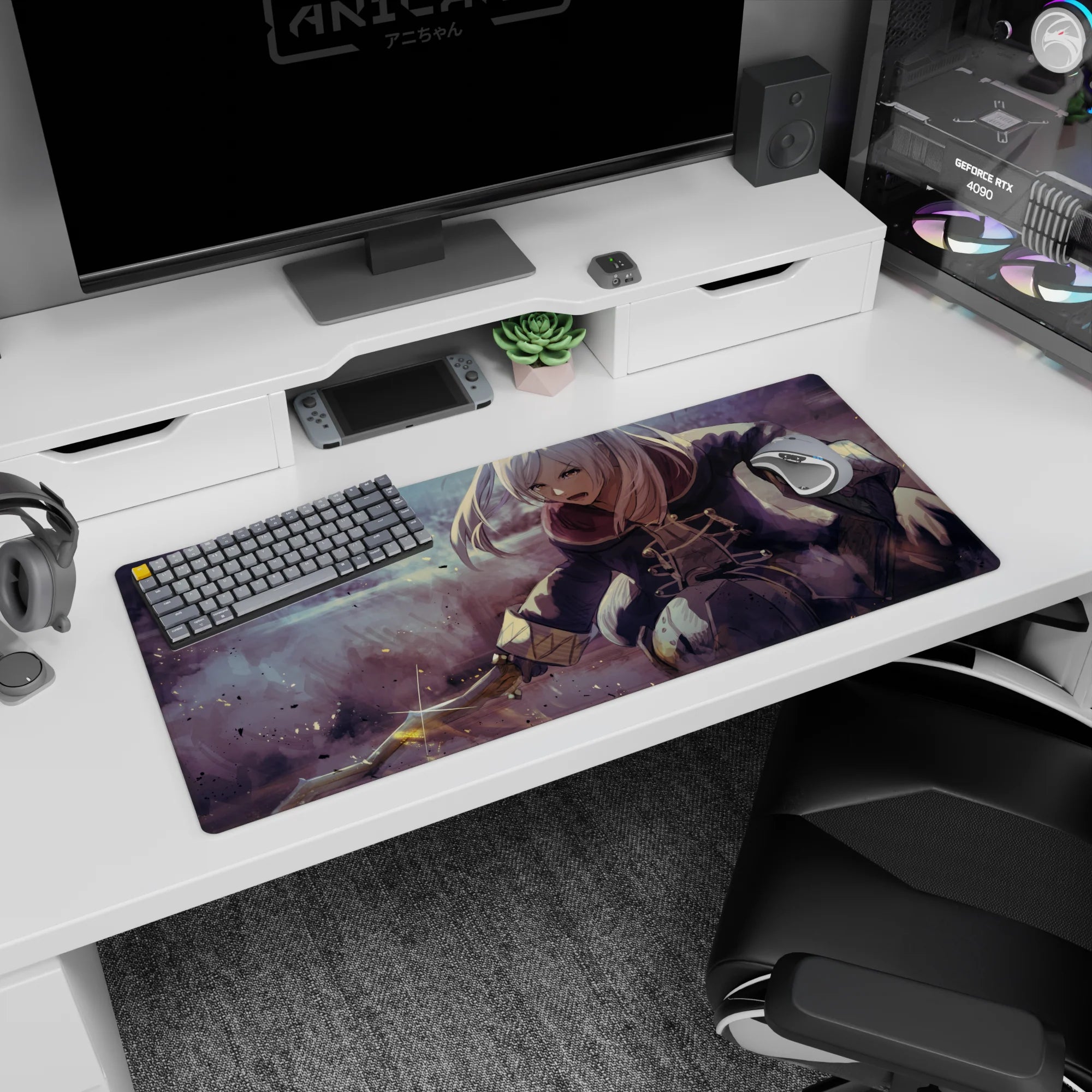 Anime girl desk pad 36x16 inches showing a fierce silver-haired swordswoman sliding through fog, sword flashing.