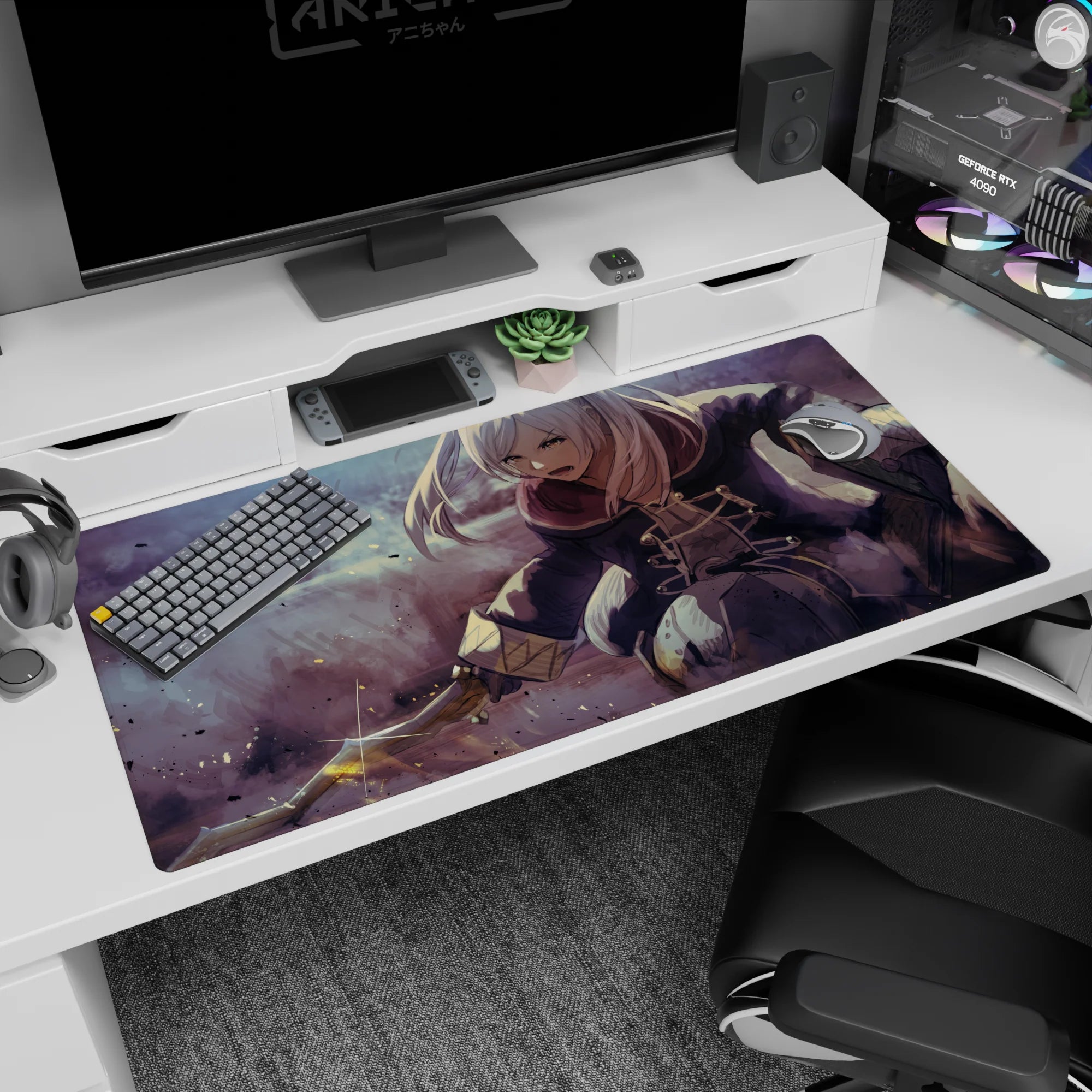 40x20 inches anime girl desk pad showing a silver-haired swordswoman sliding through fog with a starburst slash.