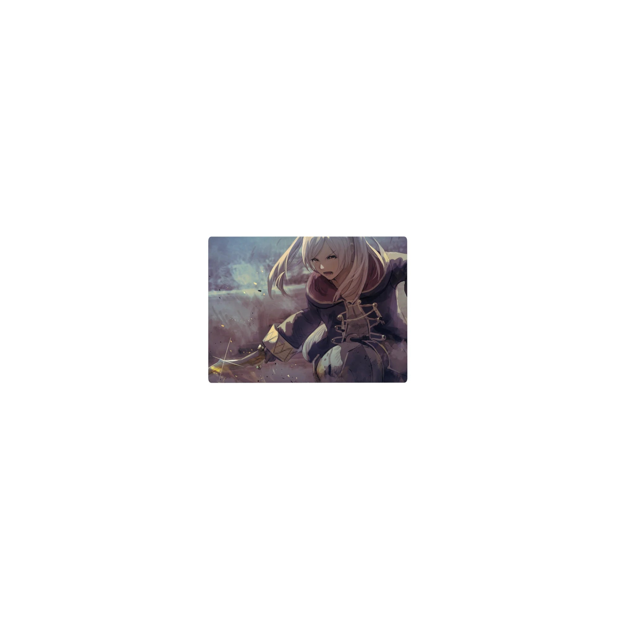 Classic anime girl mouse pad 14x10 inches with silver-haired fighter, lace coat, and flashing blade action art.