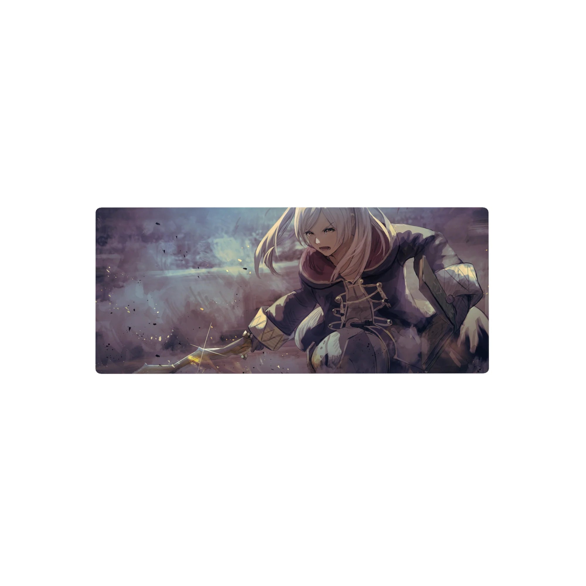 28x12 inches anime girl mouse pad with silver-haired fighter, lace coat details, and flashing blade action.