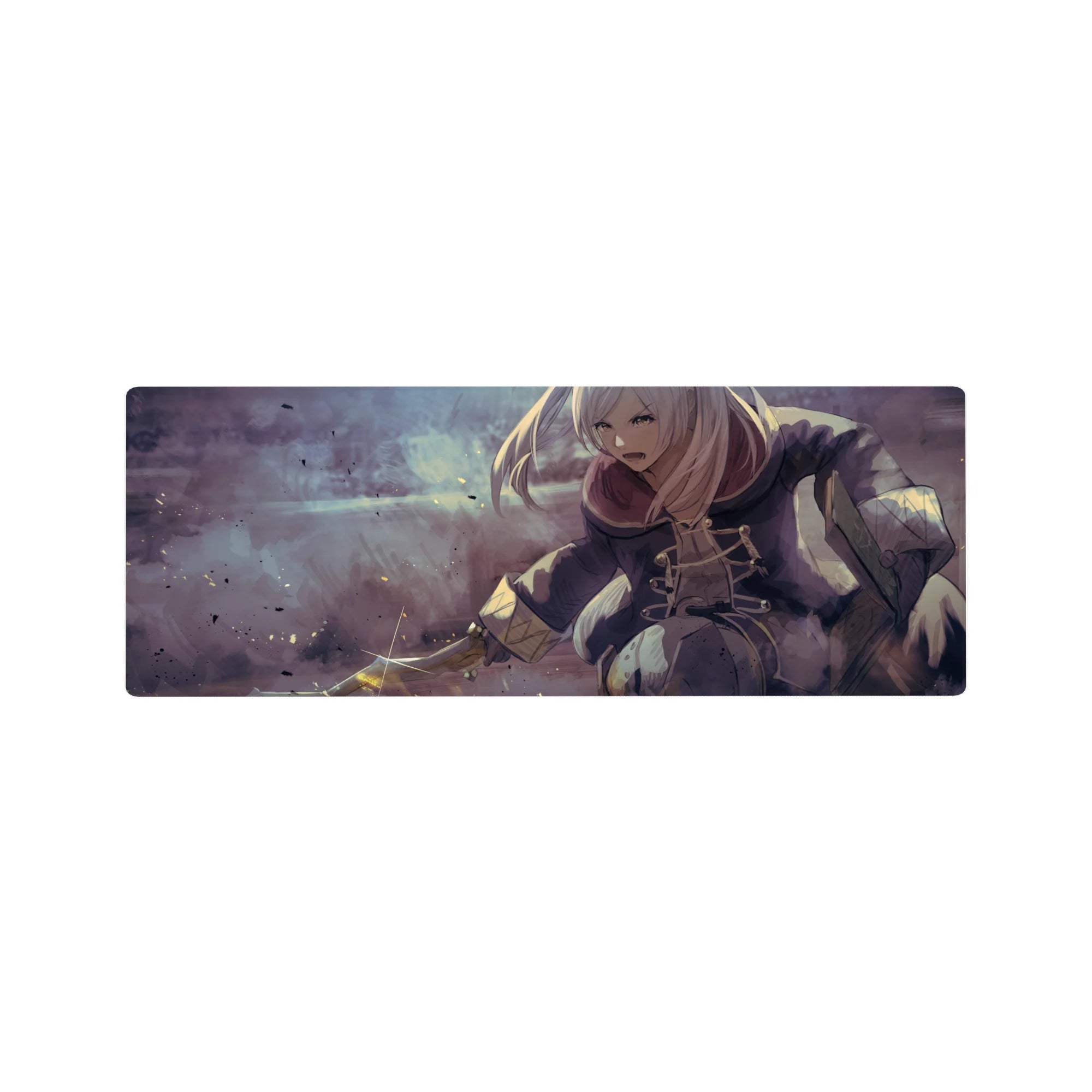 Anime girl mouse pad 32x12 inches with silver-haired fighter, smoky fog, lace coat, and flashing blade.