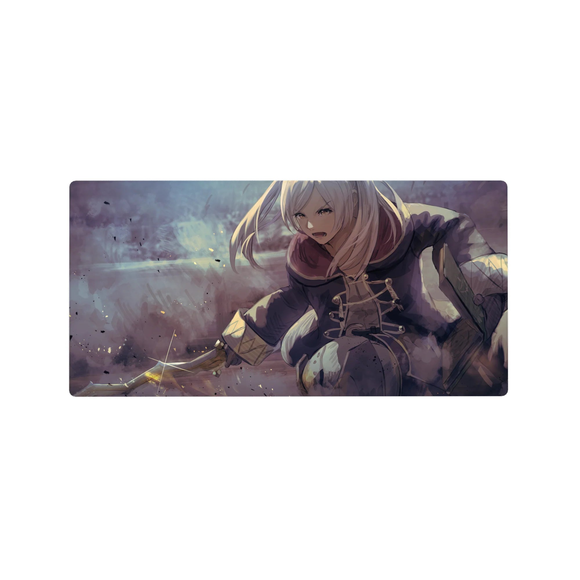 Anime girl mouse pad 32x16 inches with silver-haired fighter, lace coat, and flashing blade motion streaks.