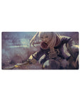 Anime girl mouse pad 32x16 inches with silver-haired fighter, lace coat, and flashing blade motion streaks.
