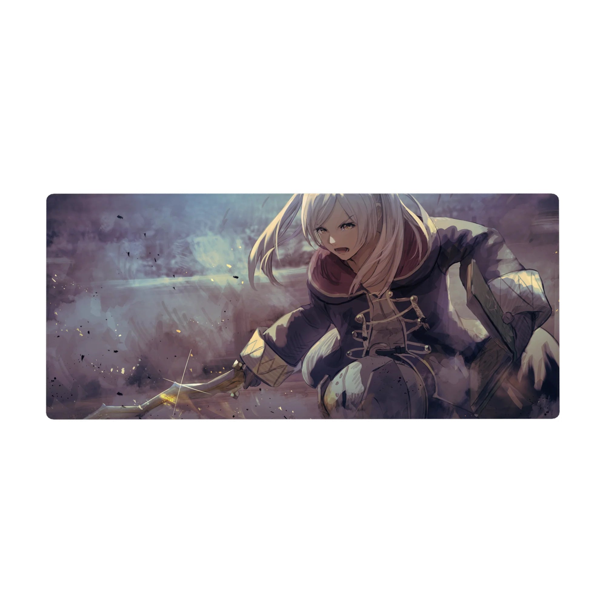 Anime girl desk pad 36x16 inches with silver-haired fighter, lace coat, blade starburst and motion streaks.