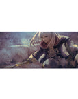 Anime girl desk pad 36x16 inches with silver-haired fighter, lace coat, blade starburst and motion streaks.