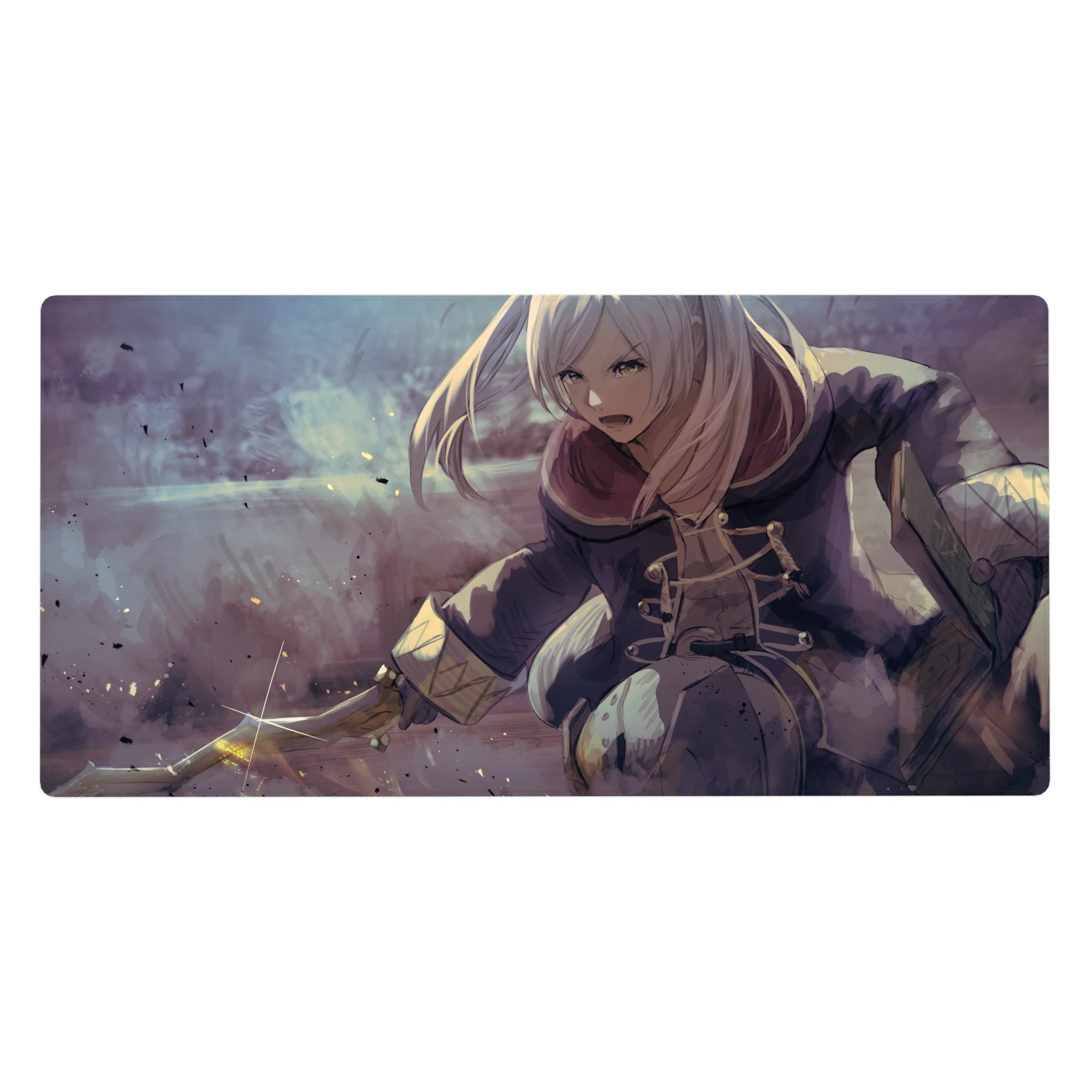 Anime girl desk pad 40x20 inches with silver-haired fighter, lace coat, smoky fog, and flashing blade.
