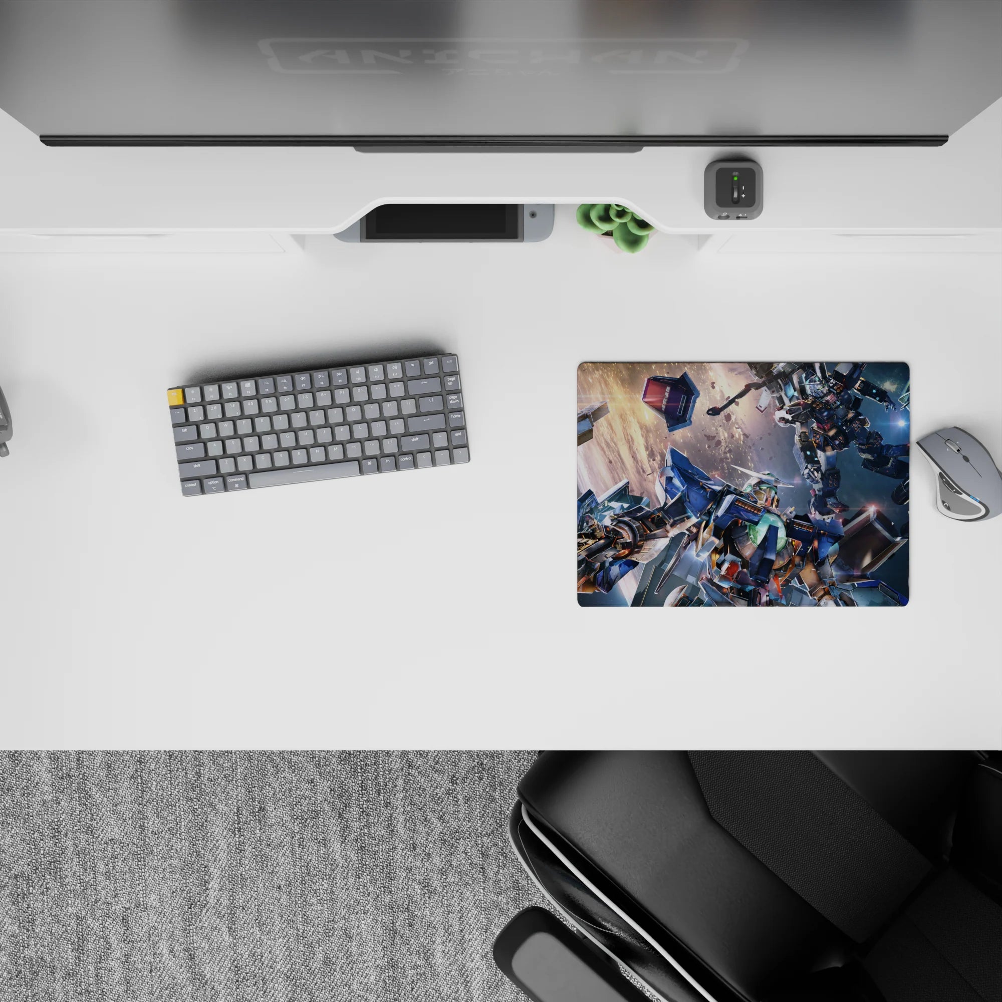 Steel blue and gunmetal gray anime mouse pad 14x10 inches, lit by hot orange sparks in space combat.