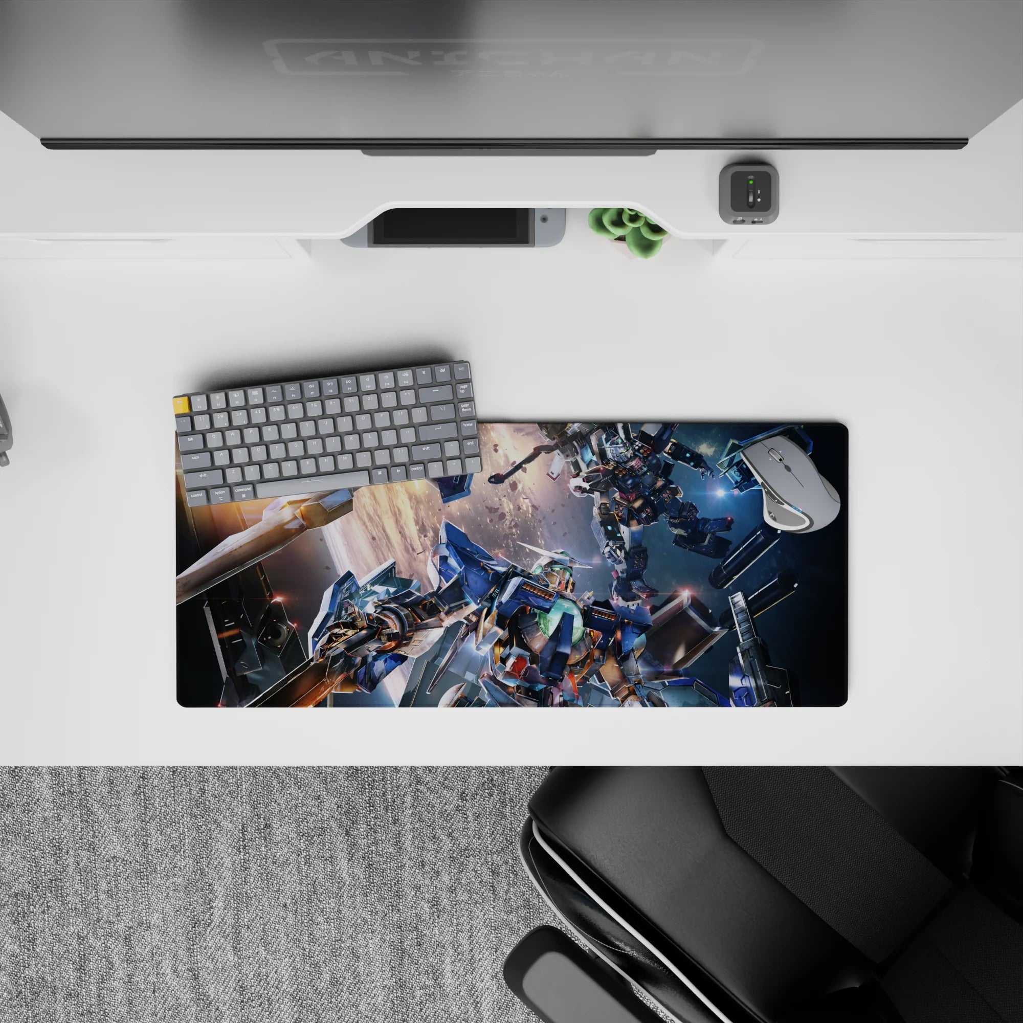 28x12 inches anime mouse pad in steel blue and gunmetal gray with hot orange glow, intense battle mood.