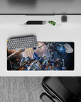 28x12 inches anime mouse pad in steel blue and gunmetal gray with hot orange glow, intense battle mood.