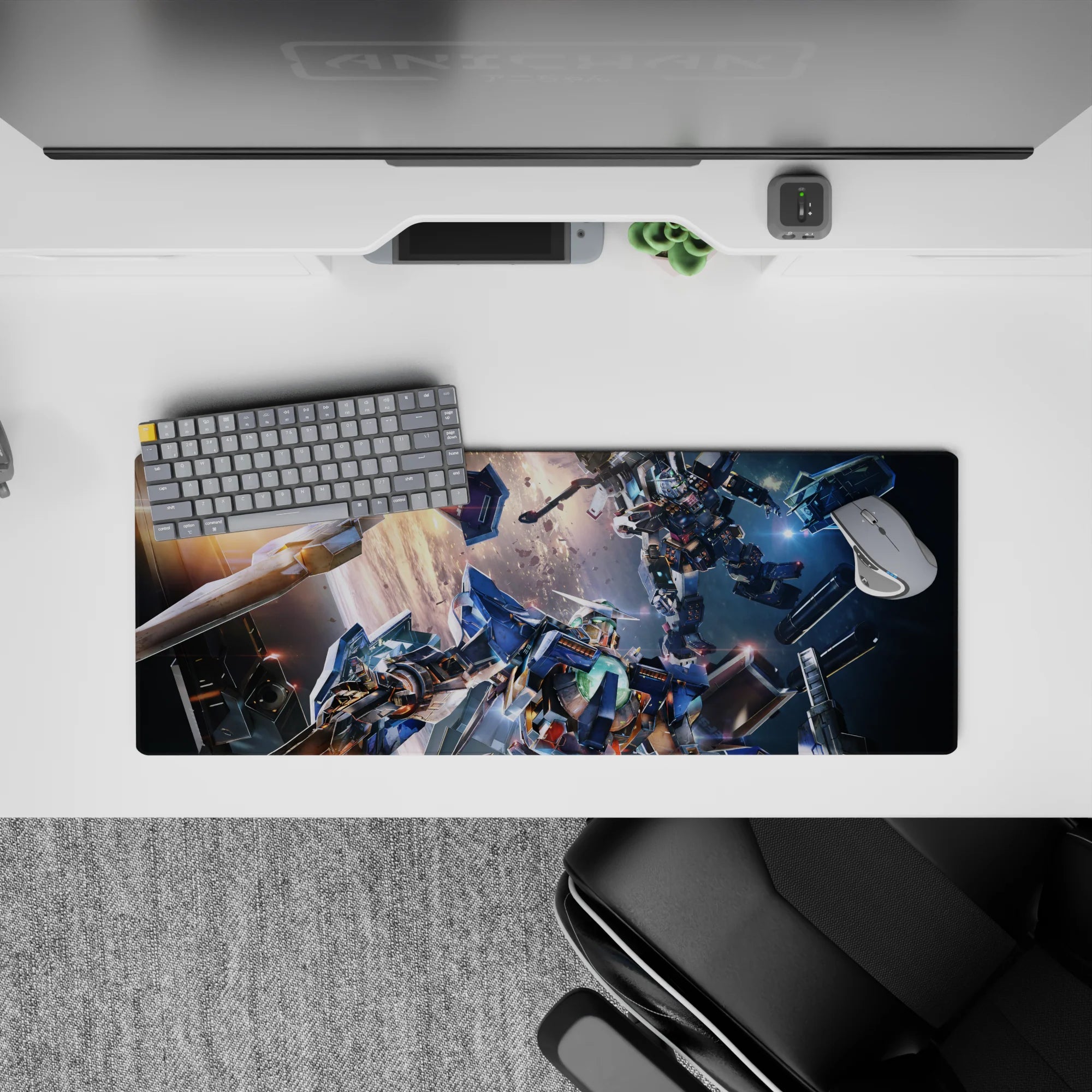 Steel blue and gunmetal gray anime mouse pad 32x12 inches with hot orange glow and space chaos mood.