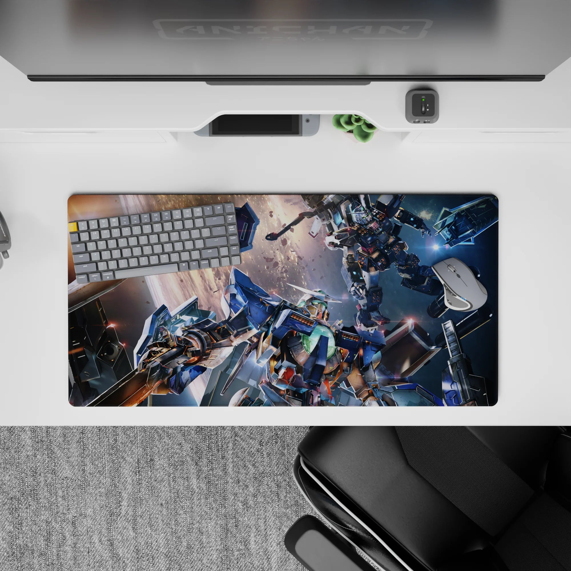 Anime mouse pad 32x16 inches in steel blues and gunmetal gray with hot orange glow, chaotic space fight.