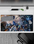 Anime mouse pad 32x16 inches in steel blues and gunmetal gray with hot orange glow, chaotic space fight.
