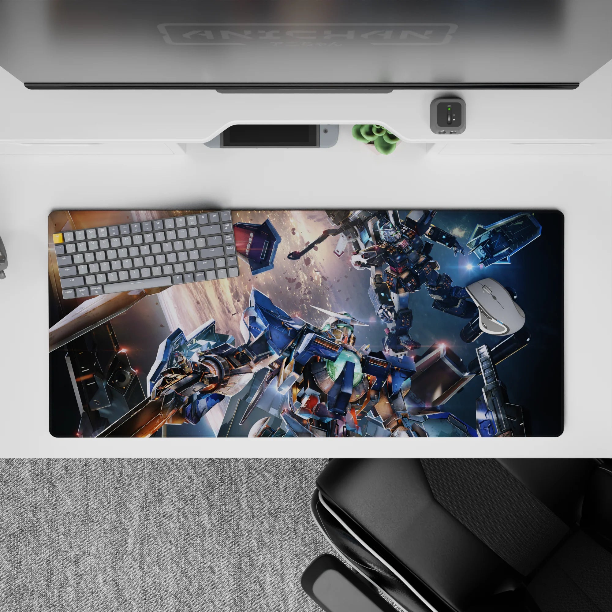 Steel blue and gunmetal gray anime desk pad 36x16 inches with hot orange glow and cockpit drama.