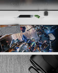 Steel blue and gunmetal gray anime desk pad 36x16 inches with hot orange glow and cockpit drama.